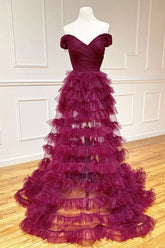 Off the Shoulder Dark Berry Pleated Sheer Ruched Prom Dress