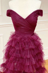 Off the Shoulder Dark Berry Pleated Sheer Ruched Prom Dress