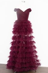 Off the Shoulder Dark Berry Pleated Sheer Ruched Prom Dress