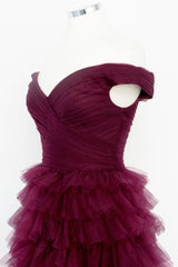 Off the Shoulder Dark Berry Pleated Sheer Ruched Prom Dress