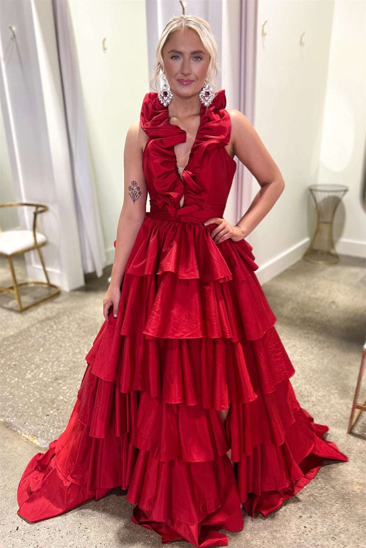 Halter Red Ruffle Ruched A-Line Prom Dress
