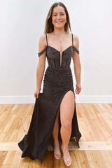 Cold Shoulder Black Beaded Slit Mermaid Sheath Prom Dress