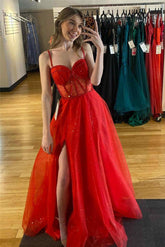 Glitter Red Straos Beaded A-Line Formal Dress with Slit