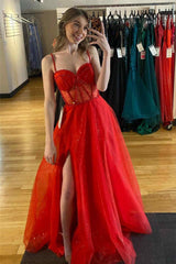 Glitter Red Straos Beaded A-Line Formal Dress with Slit