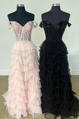 A-Line Sweetheart Champagne Tulle Prom Dresses with Appliqued