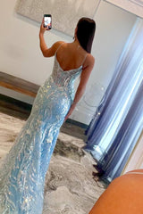 Straps Light Blue V-Neck Sequin Appliqued Mermaid Sheath Prom Dress