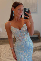 Straps Light Blue V-Neck Sequin Appliqued Mermaid Sheath Prom Dress