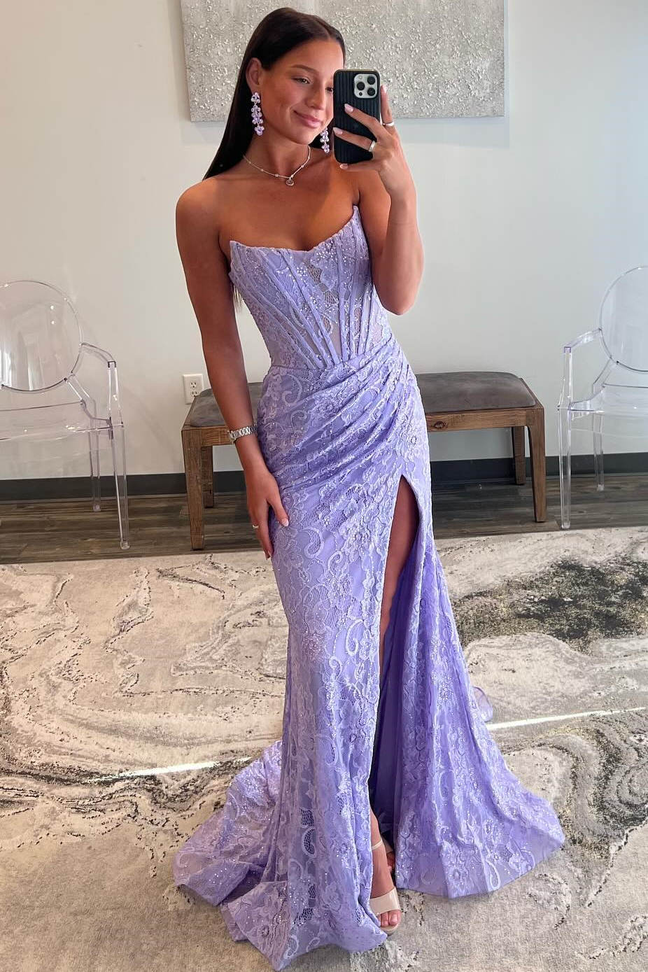 Lavender Strapless Lace Ruched Mermaid Sheath Prom Dress with Slit