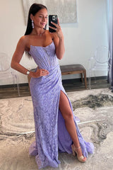 Lavender Strapless Lace Ruched Mermaid Sheath Prom Dress with Slit