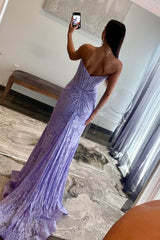 Lavender Strapless Lace Ruched Mermaid Sheath Prom Dress with Slit