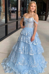 Tulle Sequin Cold-Shoulder Ruffle Ruched Long Prom Dress