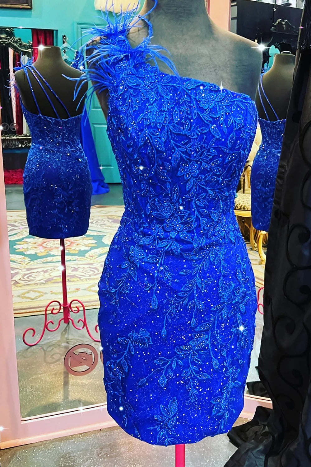 Sparkly Royal Blue One Shoulder Lace Short Homecoming Dresses with Feathers