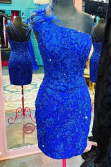 Sparkly Royal Blue One Shoulder Lace Short Homecoming Dresses with Feathers
