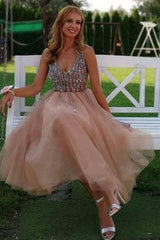Gorgeous V-Neck Peach Homecoming Dress Party Dress with Pearls