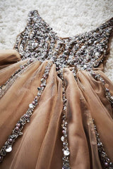 Gorgeous V-Neck Peach Homecoming Dress Party Dress with Pearls