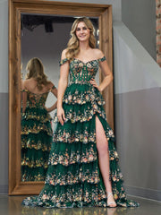 Green Princess A Line Off the Shoulder Corset Prom Dress with Lace Ruffles