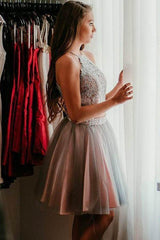 Grey Short Two Piece Halter Homecoming Party Dress with Lace