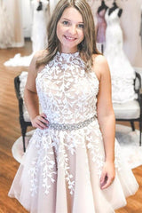 Halter Appliqued Yellow Homecoming Dress Short Prom Dress with Beading Belt