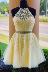 Halter Appliqued Yellow Homecoming Dress Short Prom Dress with Beading Belt