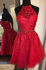 Halter Appliqued Yellow Homecoming Dress Short Prom Dress with Beading Belt