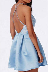 Halter Backless Lace Satin Blue Homecoming Dress Short Prom Dress