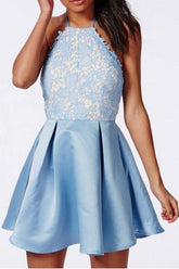 Halter Backless Lace Satin Blue Homecoming Dress Short Prom Dress