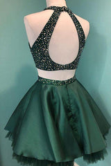 Halter Beaded Green Satin Two Piece Homecoming Dress Short Prom Dress
