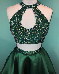 Halter Beaded Green Satin Two Piece Homecoming Dress Short Prom Dress