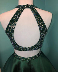Halter Beaded Green Satin Two Piece Homecoming Dress Short Prom Dress