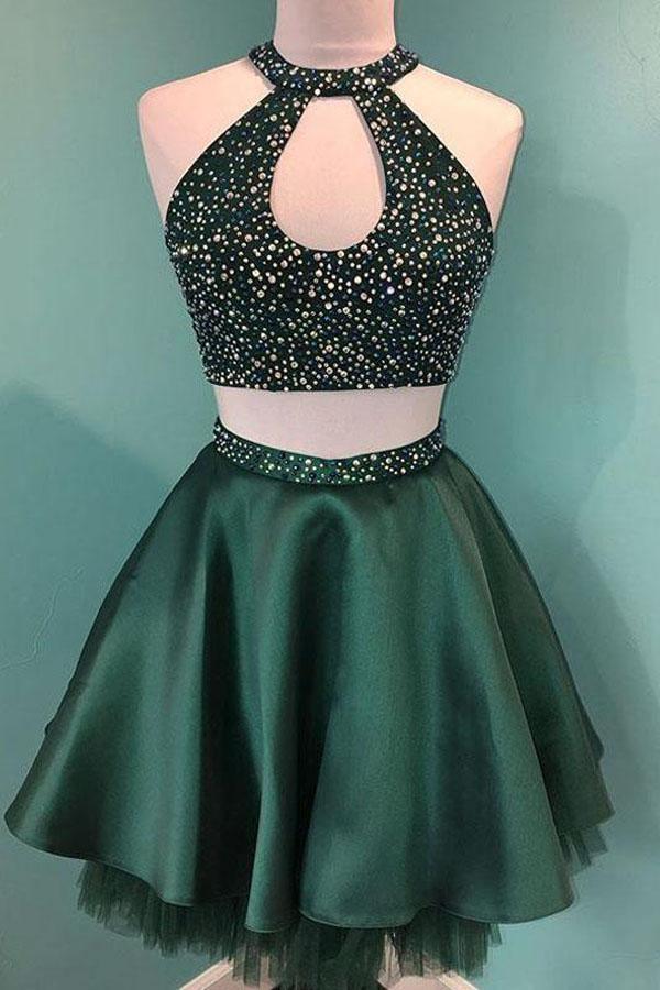 Halter Beaded Green Satin Two Piece Homecoming Dress Short Prom Dress