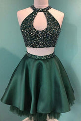 Halter Beaded Green Satin Two Piece Homecoming Dress Short Prom Dress