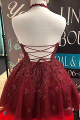 Halter Burgundy Lace A-Line Backless Cute Homecoming Dress