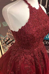 Halter Burgundy Lace A-Line Backless Cute Homecoming Dress