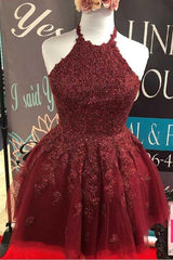 Halter Burgundy Lace A-Line Backless Cute Homecoming Dress