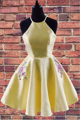 Halter Embroidered Yellow Satin Homecoming Dress with Pockets