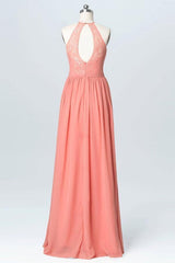 Peach Chiffon Halter Lace Long Bridesmaid Dresses