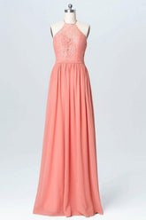 Peach Chiffon Halter Lace Long Bridesmaid Dresses