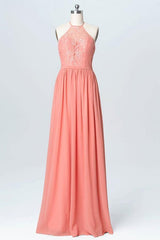 Peach Chiffon Halter Lace Long Bridesmaid Dresses