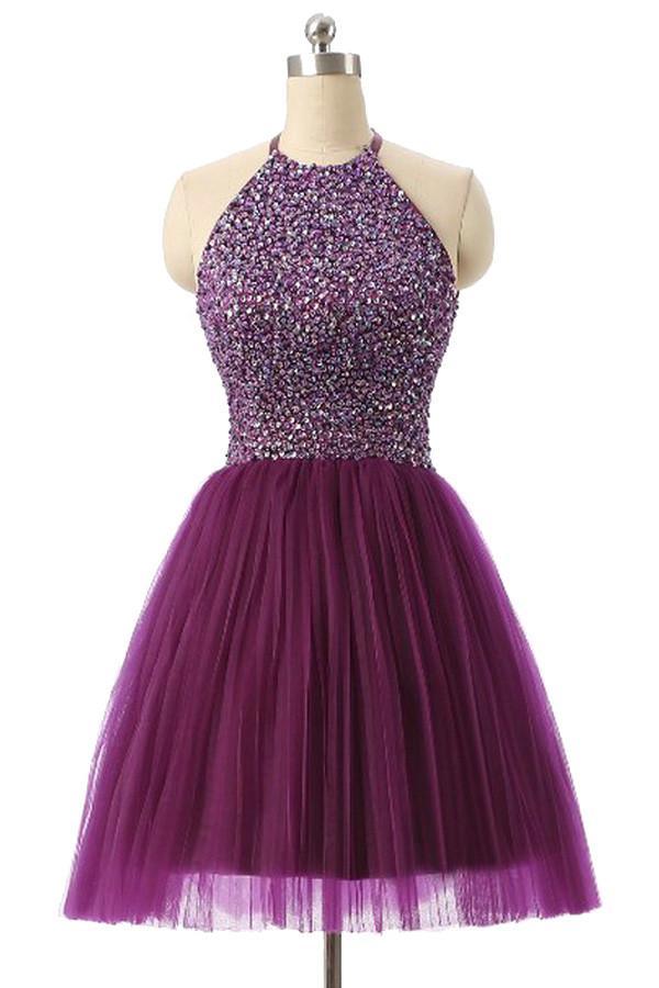 Halter Sleeveless Short Purple Homecoming Dress Prom Dress