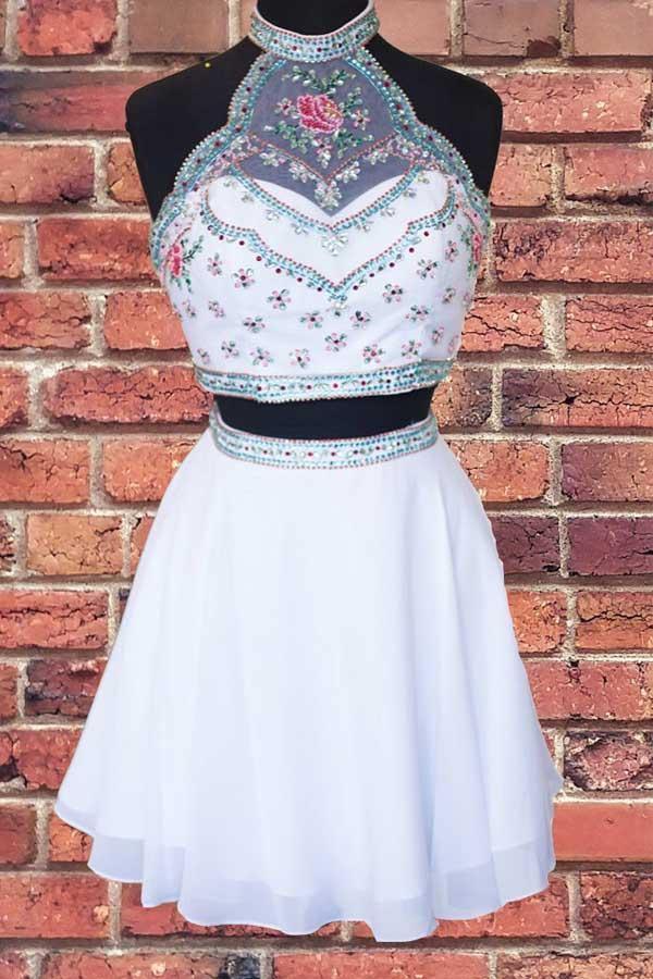 Halter Two-Piece Beaded White Short Prom Dress Homecoming Dress