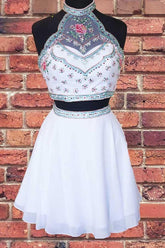 Halter Two-Piece Beaded White Short Prom Dress Homecoming Dress