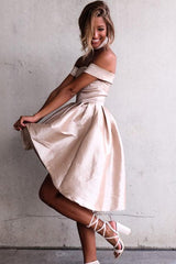 High Low Off-the-Shoulder Pleated Satin Homecoming Dress