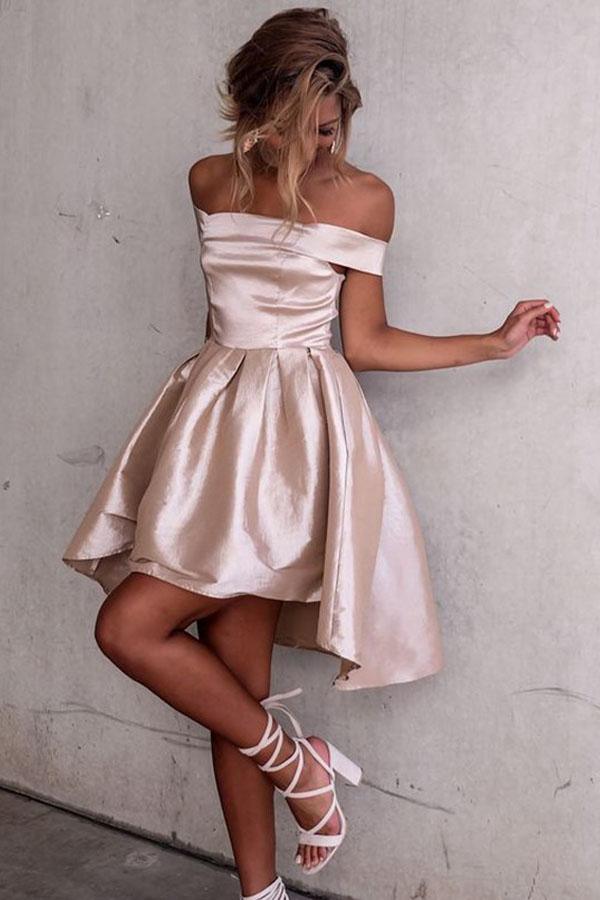 High Low Off-the-Shoulder Pleated Satin Homecoming Dress