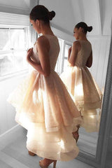 High Low Peach Lace Short Homecoming Dress Party Dress