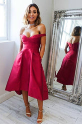 High Low Short Prom Dress with Pockets Off-The-Shoulder Homecoming Dress