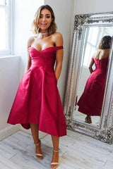 High Low Short Prom Dress with Pockets Off-The-Shoulder Homecoming Dress
