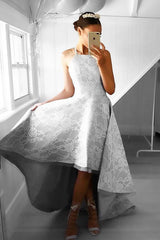 High Low Sleeveless Grey Satin Prom Dress Evening Dress with Lace
