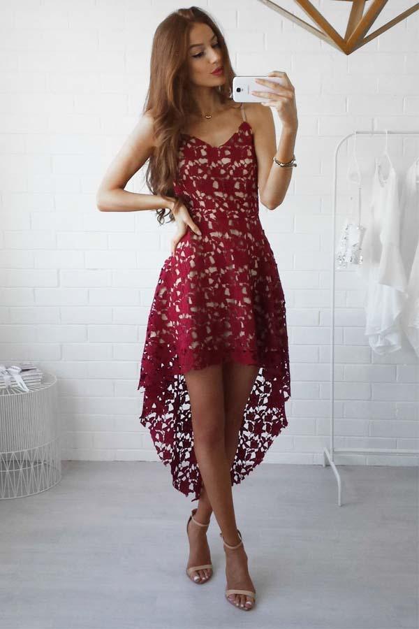 High Low Straps Simple Dark Red Lace Homecoming Dress Party Dress