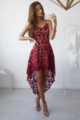 High Low Straps Simple Dark Red Lace Homecoming Dress Party Dress