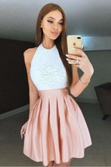 High Neck Backless Short Pink Pleated Homecoming Dress with Lace Bodice